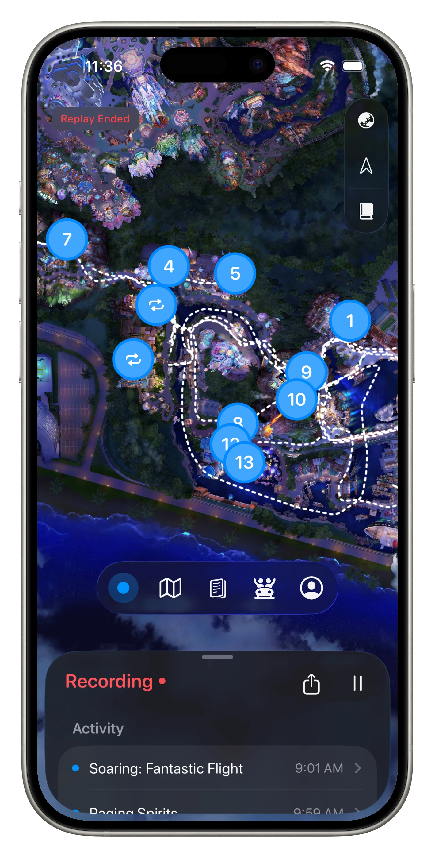 Live park map with walking route and ride pins