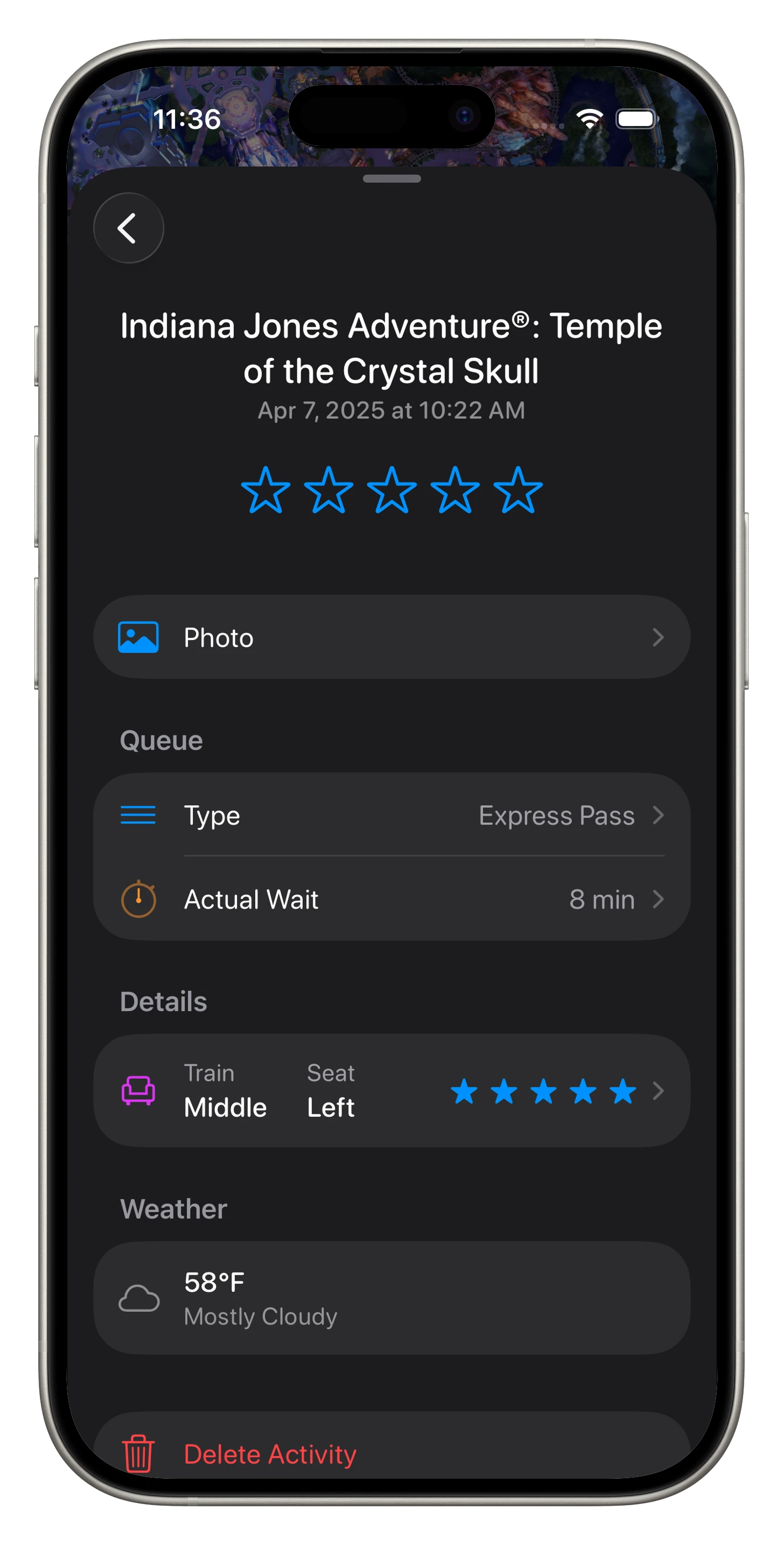 Ride recap with rating, queue info, seat position, and weather