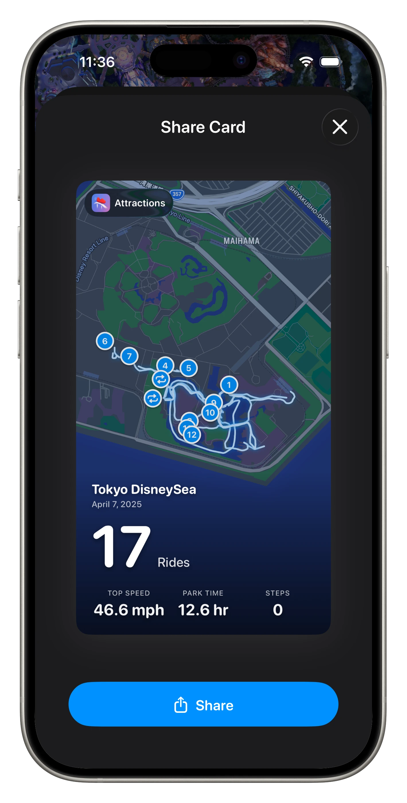 Shareable visit card with route and stats