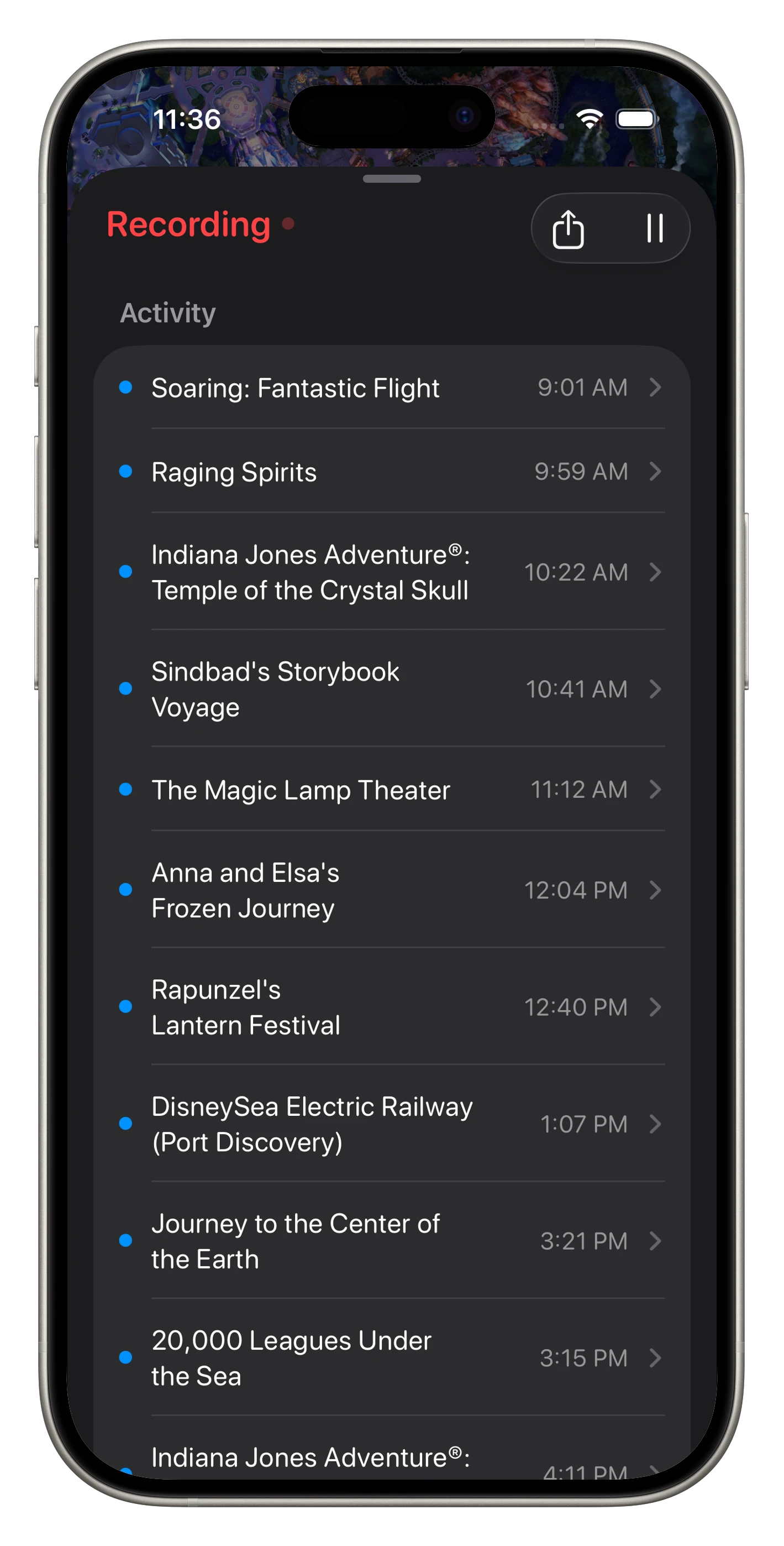 Recording timeline showing detected rides