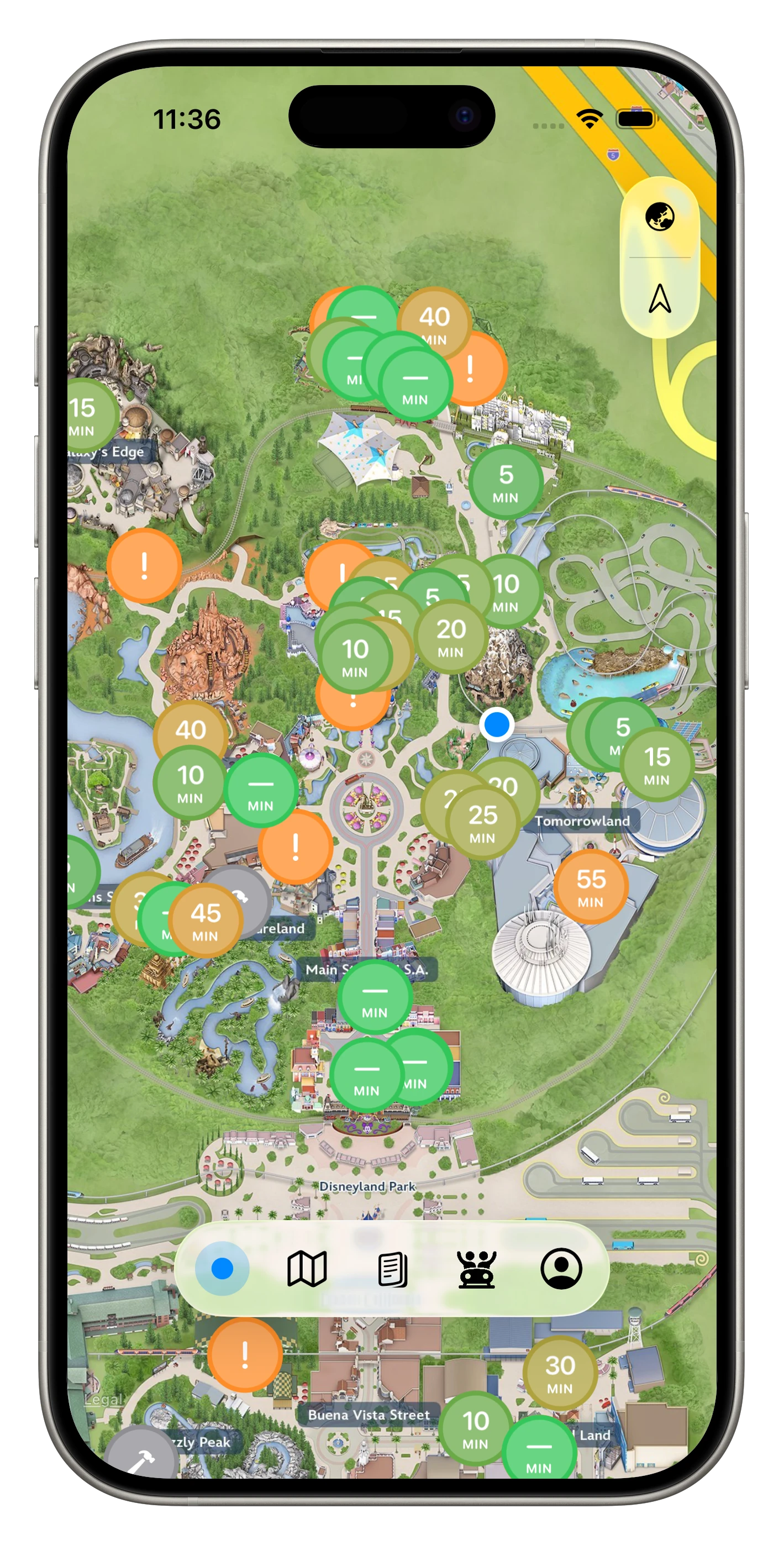 Park map with color-coded wait time bubbles